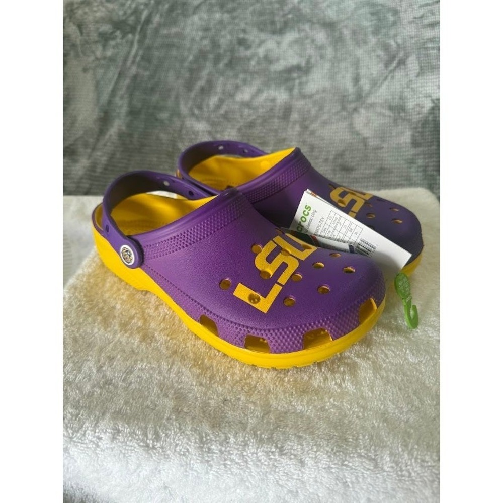 Crocs LSU Tigers Classic Clog Purple Yellow Mens‎ 7 Womens 9 NCAA 205878-75Y NWT
